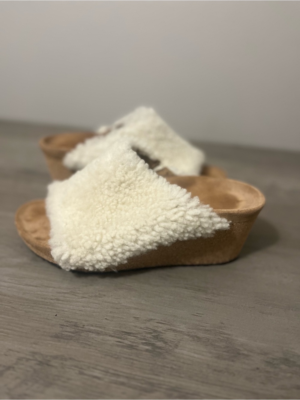 Birkenstock Shearling Crossover Wedge Sandals in Cream and Tan